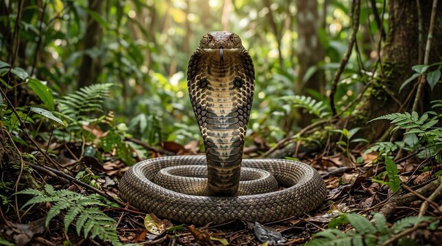A majestic cobra snake coiled in a defensive pose within a lush, sunlit tropical forest habitat
