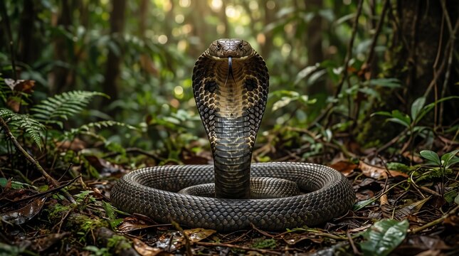 A majestic cobra snake coiled in a defensive pose within a lush, sunlit tropical forest habitat