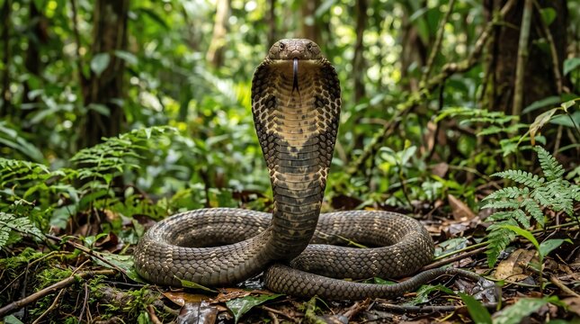 A majestic cobra snake coiled in a defensive pose within a lush, sunlit tropical forest habitat