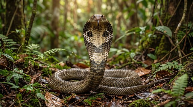 A majestic cobra snake coiled in a defensive pose within a lush, sunlit tropical forest habitat