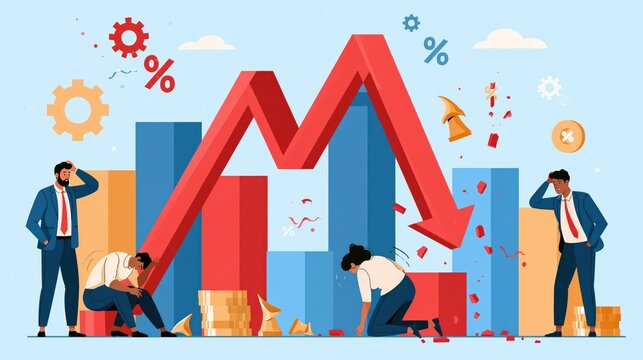 Business graph showing downward trend with distressed professionals during financial crisis concept