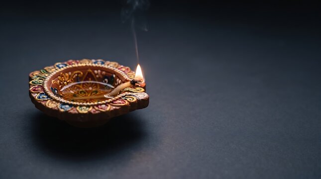 Single ornate hand-painted terracotta diya burning with a bright flame and smoke trail, isolated on a dark background with copy space.