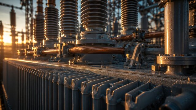 High Voltage Electrical Power Transformer with Ceramic Insulators at Sunset