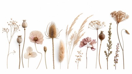 Naklejka premium Collection of dried wildflowers and meadow grass specimens isolated on white background