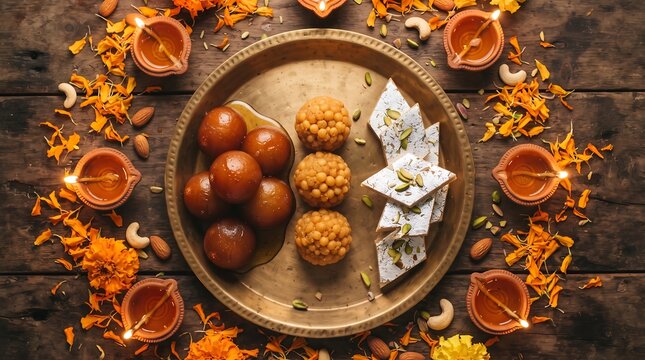 Brass plate with traditional Indian sweets including gulab jamun, motichoor ladoo, and kaju katli, surrounded by lit diyas, marigold petals, and nuts on a wooden table.