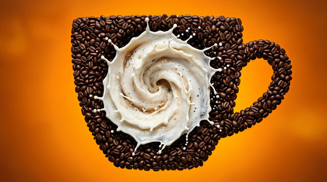 Coffee bean cup silhouette with internal milk splash swirl.