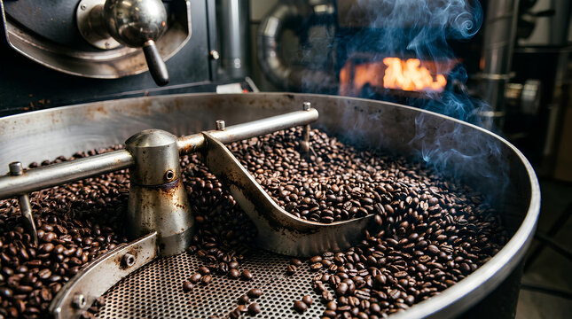 Coffee beans cooling in industrial roasting machine with smoke
