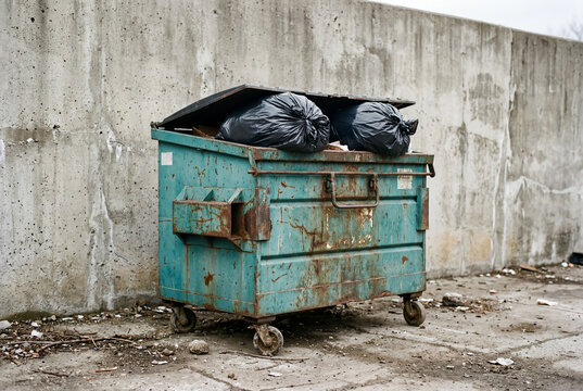 Weathered turquoise industrial dumpster filled with black trash bags standing on a concrete surface