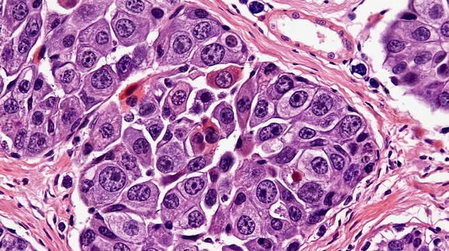 Microscopic view of cancerous cells with large nuclei and pink cytoplasm