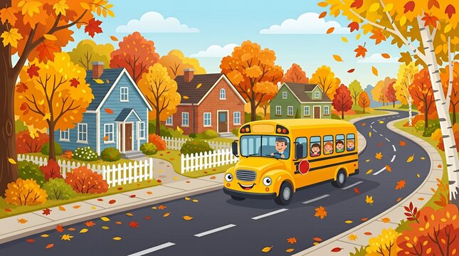 Yellow school bus driving through a suburban autumn landscape.