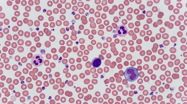 Microscopic view of human blood cells: red blood cells, leukocytes, platelets