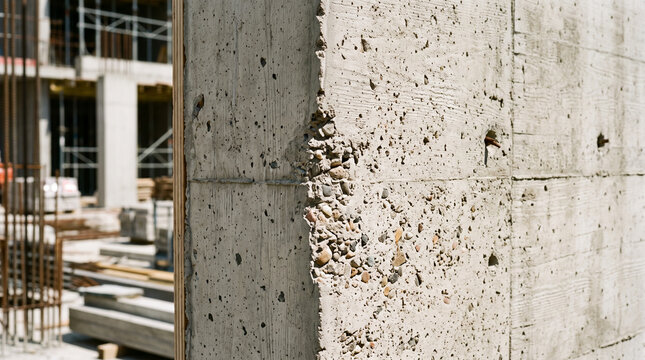 Unfinished concrete building corner with exposed rebar and rough texture for urban construction projects