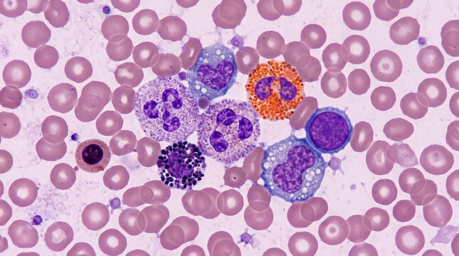 Microscopic view of human blood cells, including neutrophils and lymphocytes.
