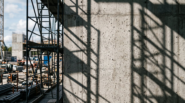 Unfinished concrete wall with dramatic shadows from metal scaffolding in urban construction site