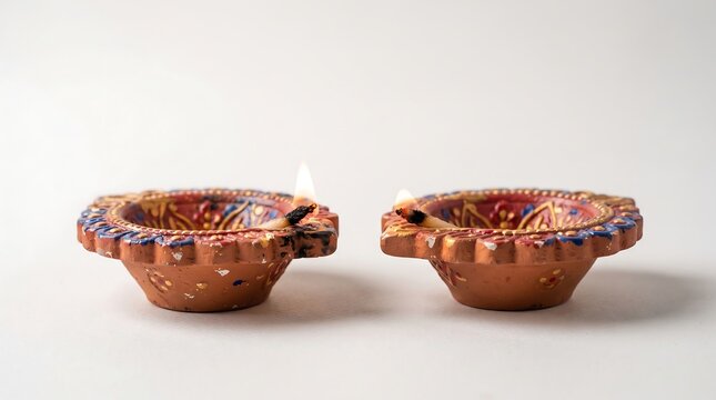 Pair of hand-painted terracotta clay diyas with burning flames isolated on a clean white background, perfect for Indian festival designs.
