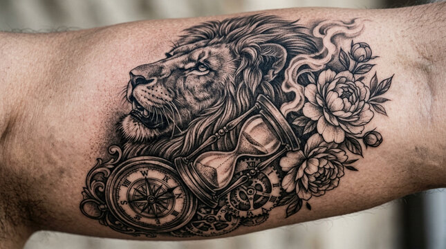 Lion Tattoo with Hourglass, Compass, and Flowers - Detailed Ink Art