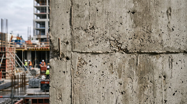 Unfinished concrete wall with visible formwork marks in urban construction site background