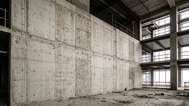 Abandoned industrial concrete building interior with raw unfinished walls and natural light