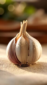 Close-up of a single garlic bulb with water droplets, natural light