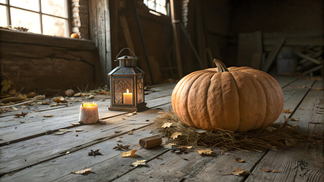Orange pumpkin with lantern on wood floor