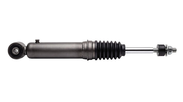 Automotive shock absorber with black bellows and silver cylinder on white isolated on png transparent background