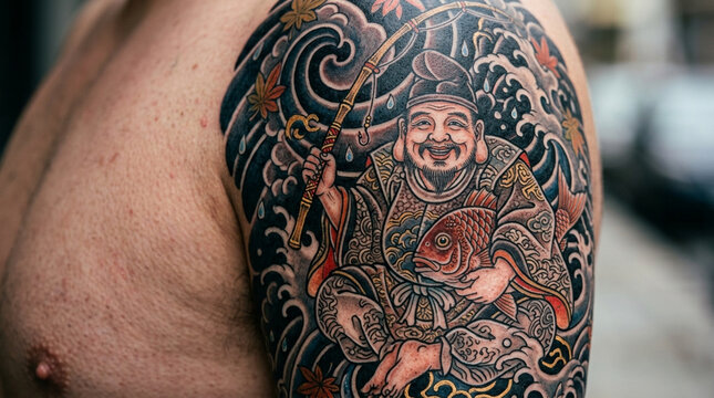 Japanese Tattoo: Fisherman God Holding Fish, Waves, Maple Leaves