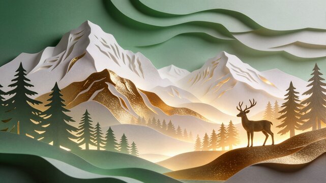 Wide panoramic paper-cut winter landscape featuring layered white and gold mountains, silhouetted pine forests and a lone deer under soft diffused lighting.
