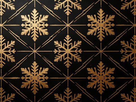 Sophisticated geometric pattern of intricately detailed gold snowflakes arranged in diamond-shaped grids on a matte black luxurious background.