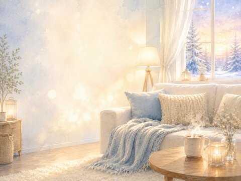 雪景色と柔らかな自然光に包まれた冬のリビング