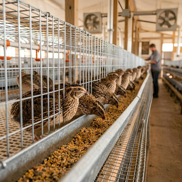 Commercial quail farming in modern poultry house with cages.
