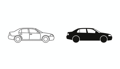 Fototapeta premium Flat vector comparison of a modern sedan car shown as a simple black line outline and a solid dark silhouette on a white background.
