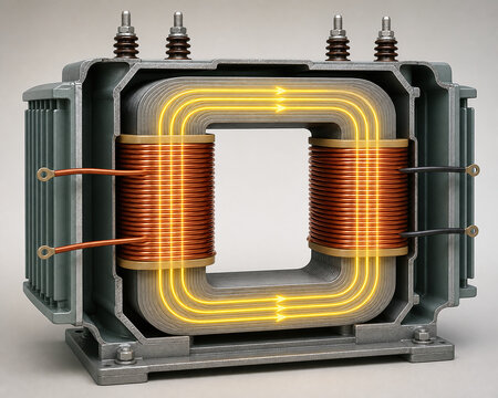 Transformer cutaway showing magnetic flux through iron core