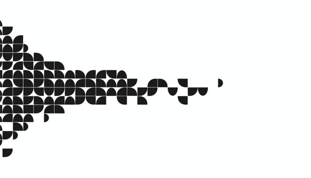 Abstract geometric pattern consisting of black semi circles and quarter circles dispersing towards a white background.