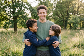 Fototapeta premium Happy father smiling with two young sons outdoors in nature