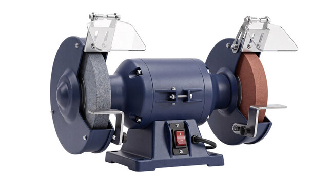 Blue electric bench grinder with two grinding wheels and safety guards isolated on png transparent background