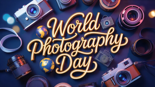 World photography day gold text with space and camera elements