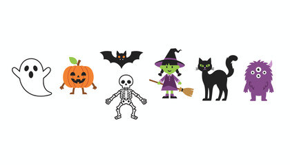 Obraz premium Seven cute Halloween characters including a ghost, pumpkin, bat, skeleton, green witch, black cat, and monster.