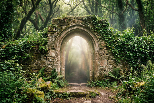 Ancient stone archway covered in green ivy with glowing misty light shining from the forest path