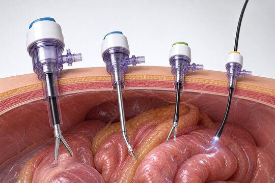 Laparoscopic trocars inserted through abdominal wall illustration