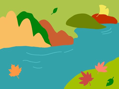 色鮮やかな山と湖、舞い散る紅葉を描いた秋の風景イラスト / Autumn landscape with colorful mountains, lake and falling leaves, hand drawn background
