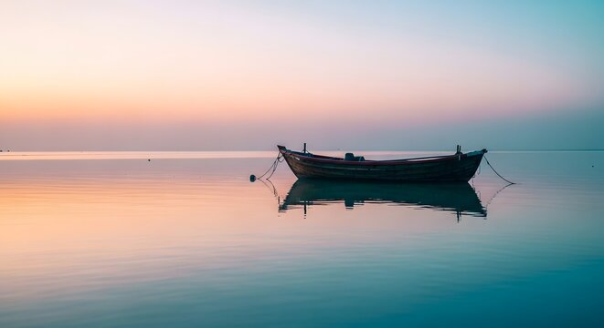 A tranquil view of a small boat floating peacefully on calm water at dawn.