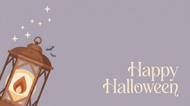 Happy halloween greeting card design with a glowing vintage lantern and small bats