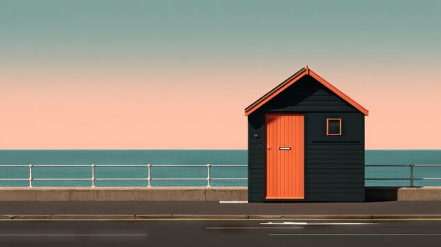 Coastal cabin with orange door next to seaside road.