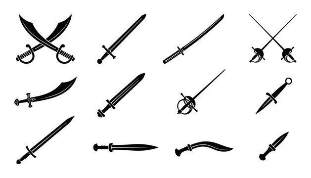 Historical Swords and Antique Bladed Weapons Vector Icon Set Featuring Katana Rapier Broadsword and Curved Daggers for Gaming Assets and Crest Designs