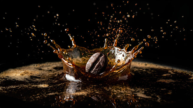 Dark liquid splash with roasted coffee bean.