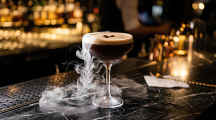 Fototapeta premium Espresso martini cocktail with smoke on dark bar counter.