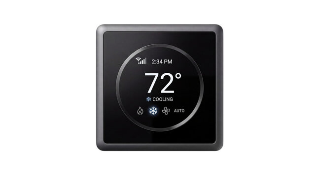 Digital smart thermostat displaying 72 degrees fahrenheit and cooling mode isolated on png transparent background
