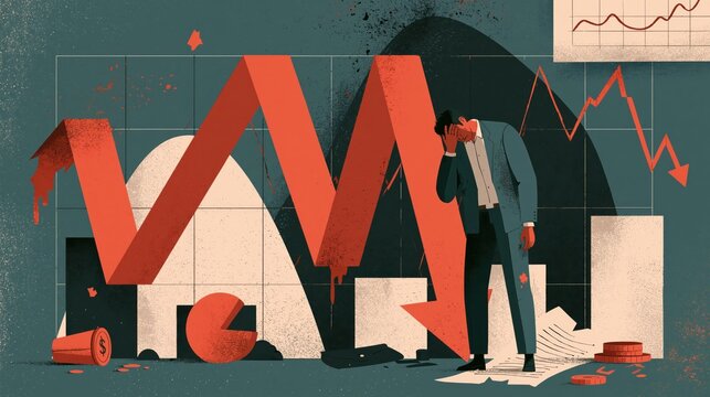 Businessman in despair by a falling red arrow chart symbolizing economic recession during a financial crisis