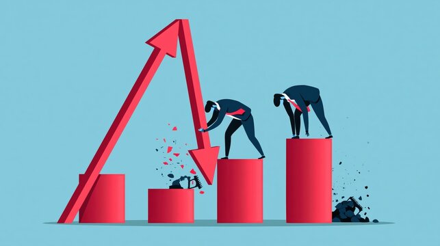 Businessmen breaking financial chart columns during economic downturn with falling arrow concept