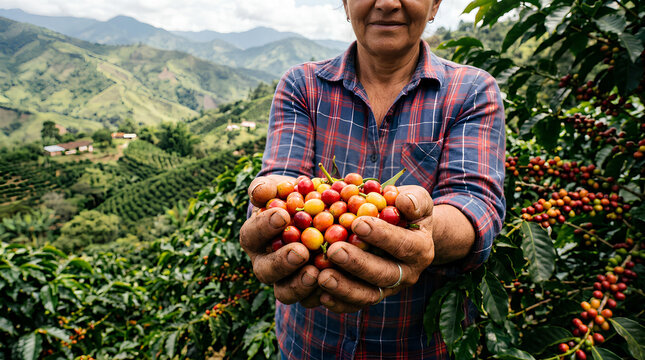Farmer holding fresh red coffee cherries on plantation.